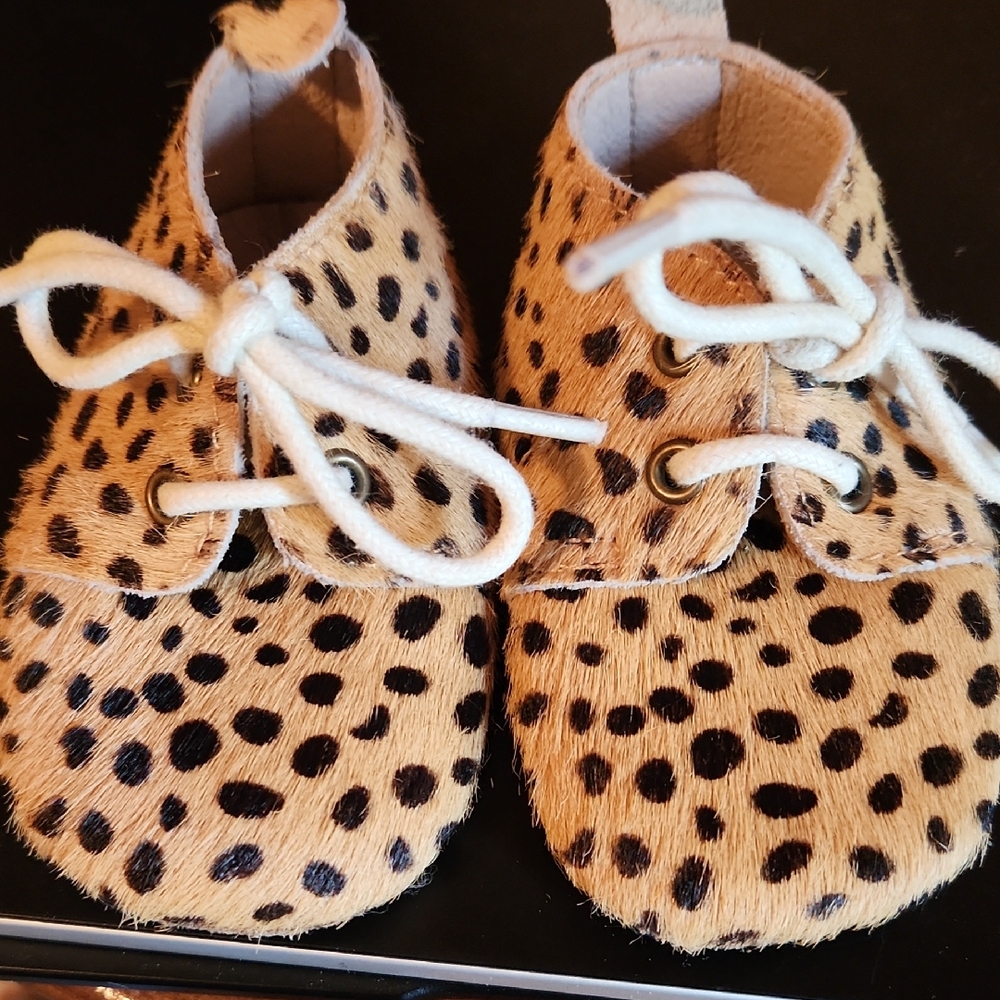 Monkey Feet Tan and Black Leopard Print Faux Fur Baby Shoes 6-12months